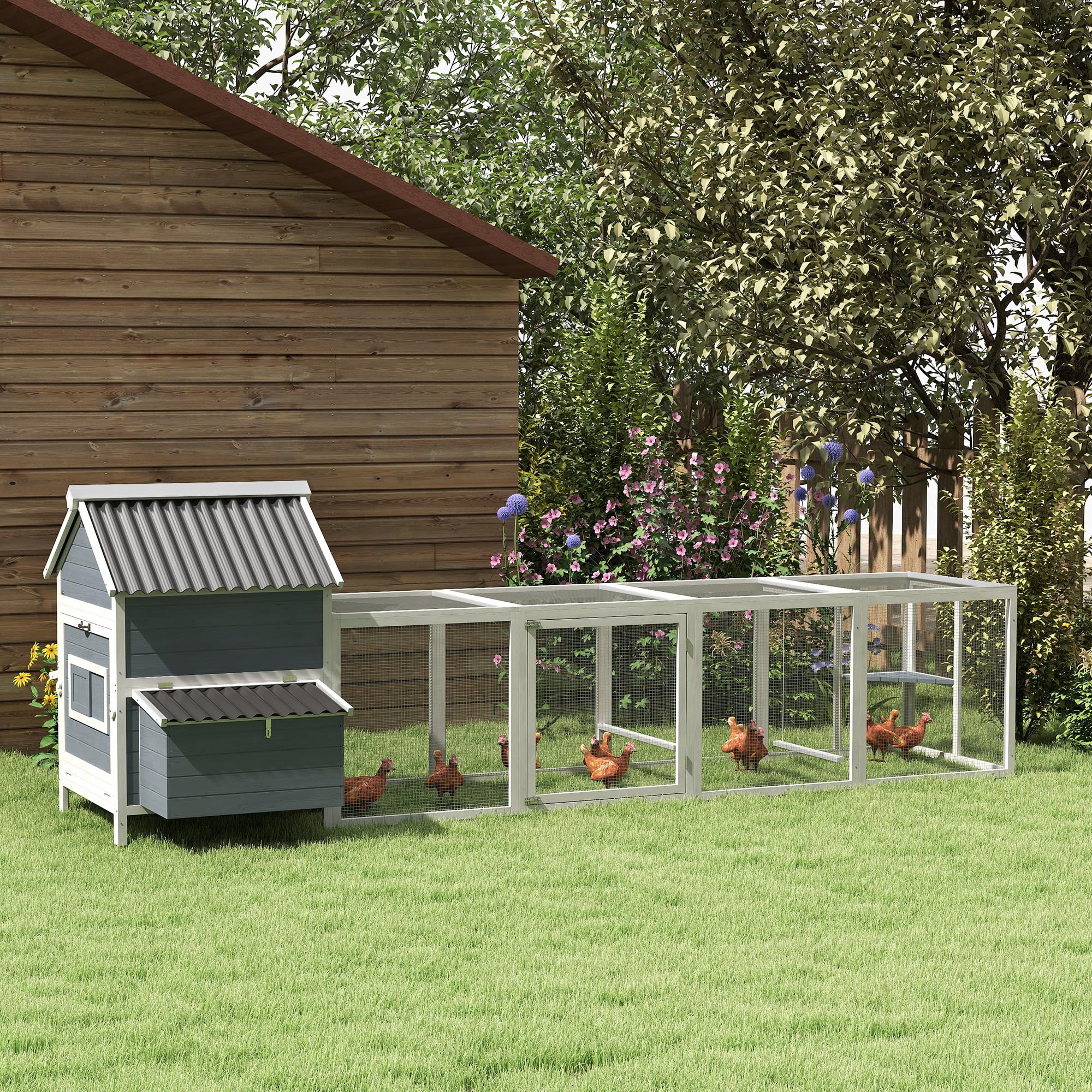 PawHut Extra Large Chicken Coop with 2 Nesting Box, 156 Wooden Hen House Poultry Cage with Extra Long Run Cage, Waterproof Wave